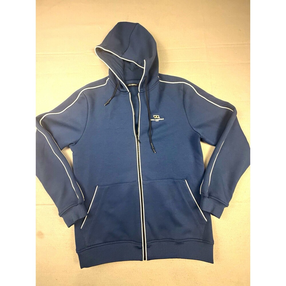 Karl Lagerfield Paris Mens M Blue Fleece Full Zip Hoodie Choupette Logo Pockets